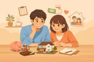 年収300万円台でマイホーム購入を検討する若い夫婦のイメージ