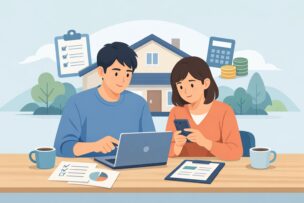 三井住友銀行の住宅ローン審査をスマホ・パソコンで申し込む夫婦のイメージ