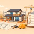 建築確認の手続きと住宅の建築をイメージしたイラスト