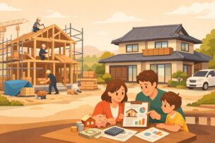 注文住宅の建築と資金計画を検討する家族のイメージ