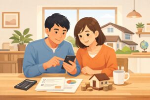 スマホで住宅ローンの審査条件を確認する夫婦のイメージ
