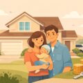 赤ちゃんのいる夫婦とマイホームのイメージ