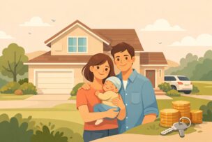 赤ちゃんのいる夫婦とマイホームのイメージ