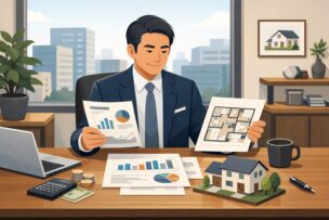 決算書と住宅の図面を確認する経営者のイメージ