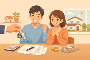 住宅ローンを組んでマイホームを手にした夫婦のイメージ
