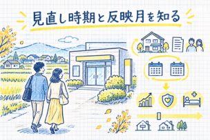 田園の広がる地方の町で住宅ローンを相談に向かう夫婦のイメージ