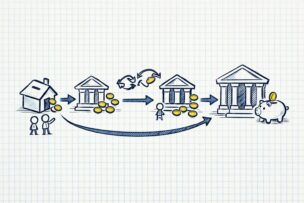 海外送金で途中の銀行ごとに手数料が差し引かれる流れのイメージ