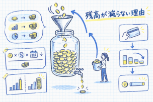 リボ払いで支払っても残高がなかなか減らない仕組みを表したイメージ