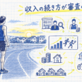 スポーツ選手の住宅ローン審査をイメージした競技場と住宅の風景