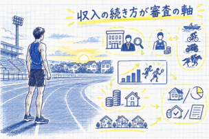 スポーツ選手の住宅ローン審査をイメージした競技場と住宅の風景